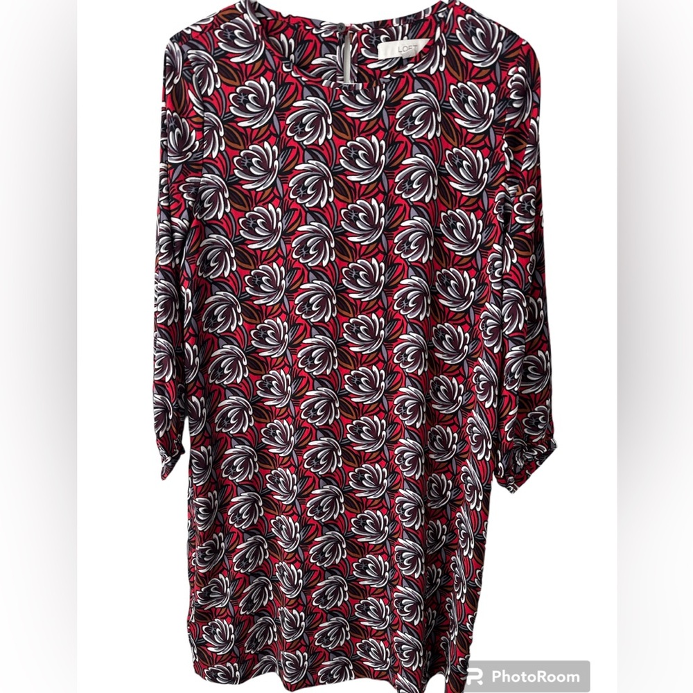 Loft Petites sz.M petite women’s flowing shift dress red/black 100% poly tunic
